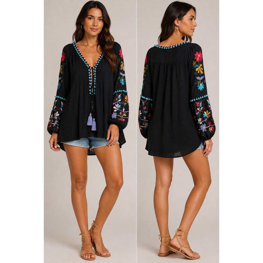 Figue Embroidered Peasant Blouse Womens OS Boho Pom Pom Balloon Sleeve Black